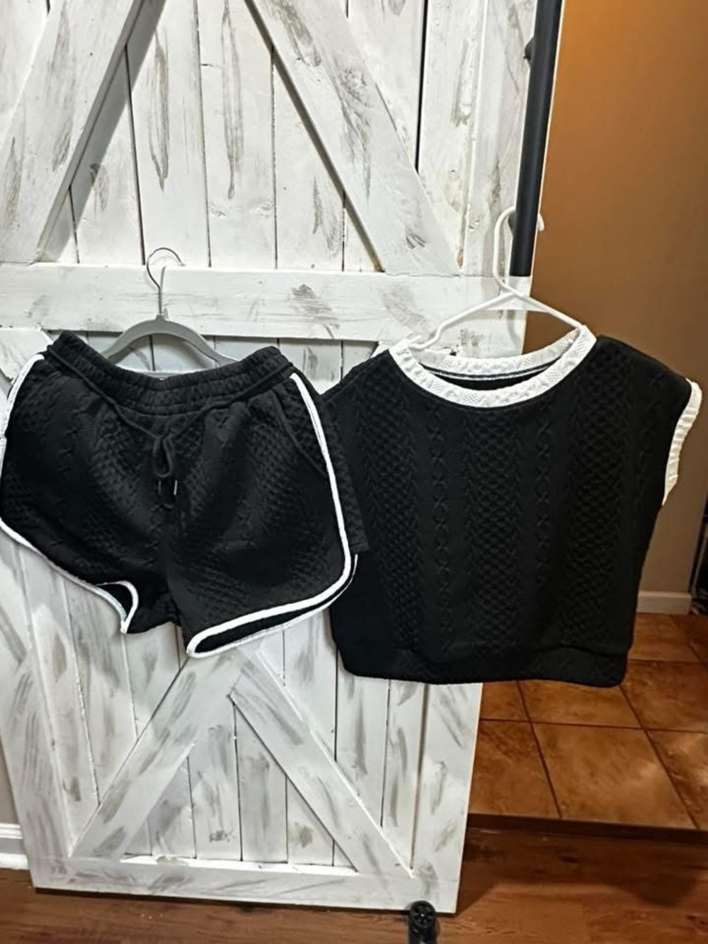 Black Quilted Two-Piece Lounge Set with White Trim